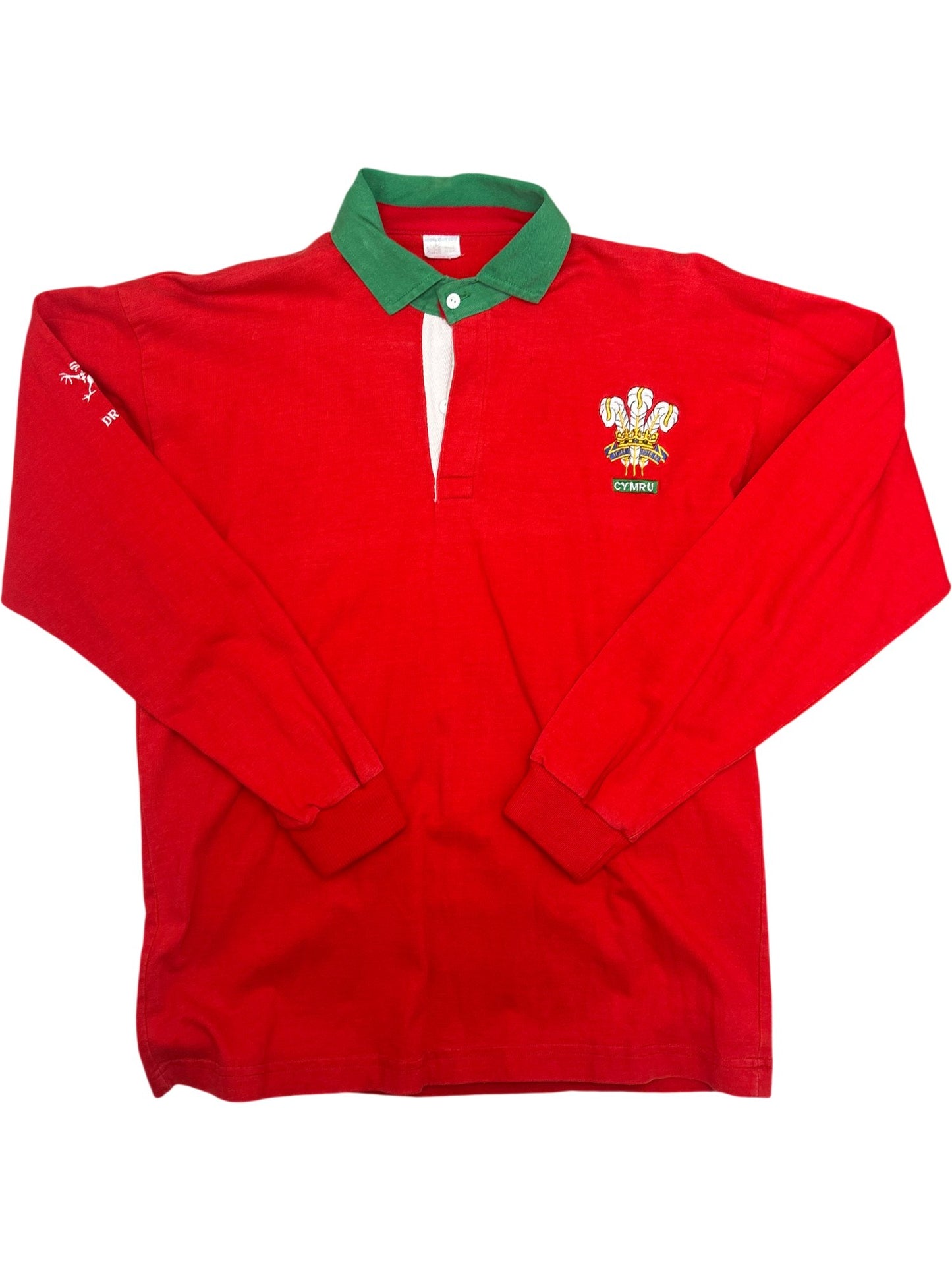 Vintage Red Rugby Shirt Wales Cymru Emblem (L)