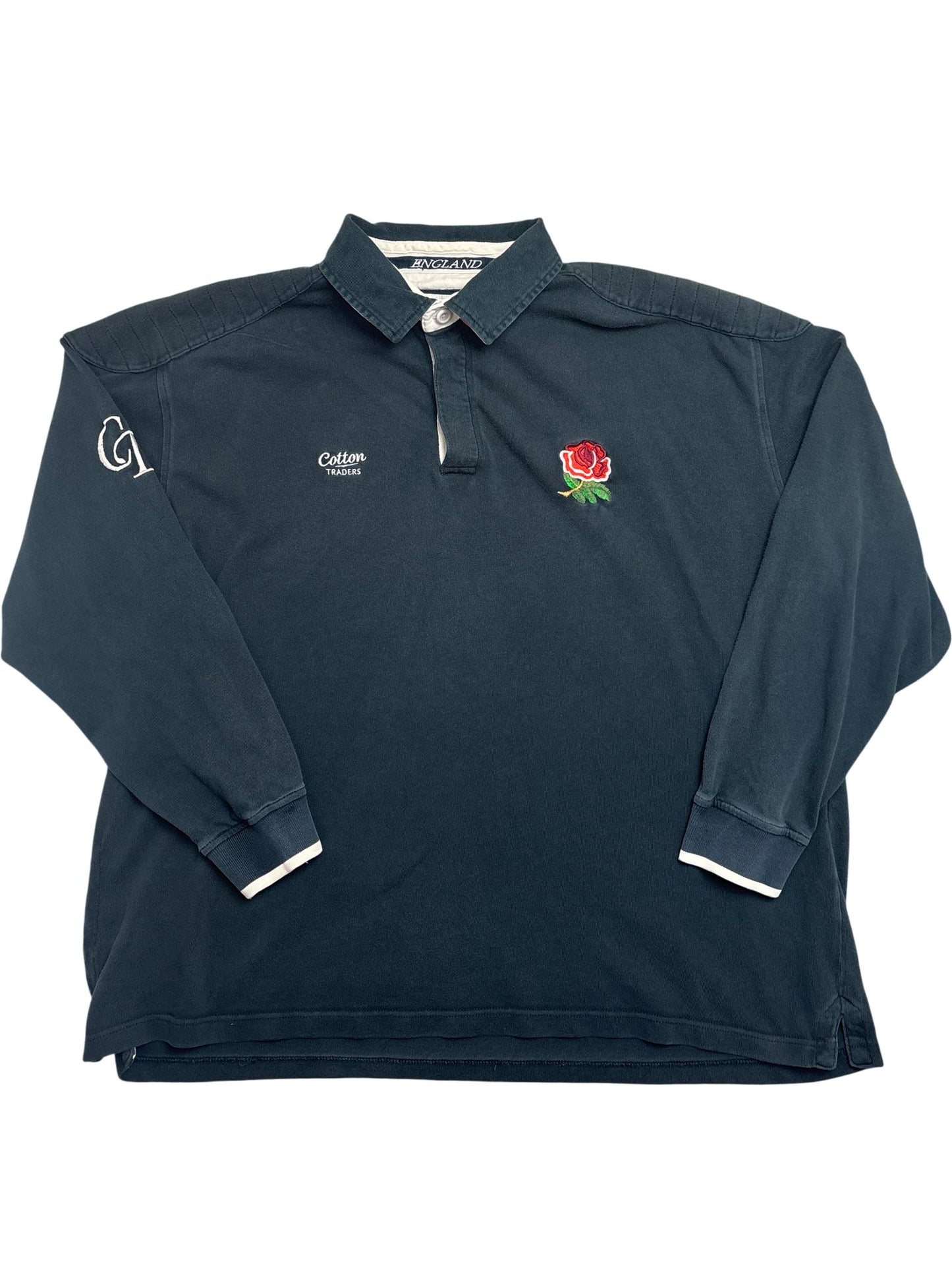 Vintage Black Cotton Traders Rugby Shirt England Rose (XXL)